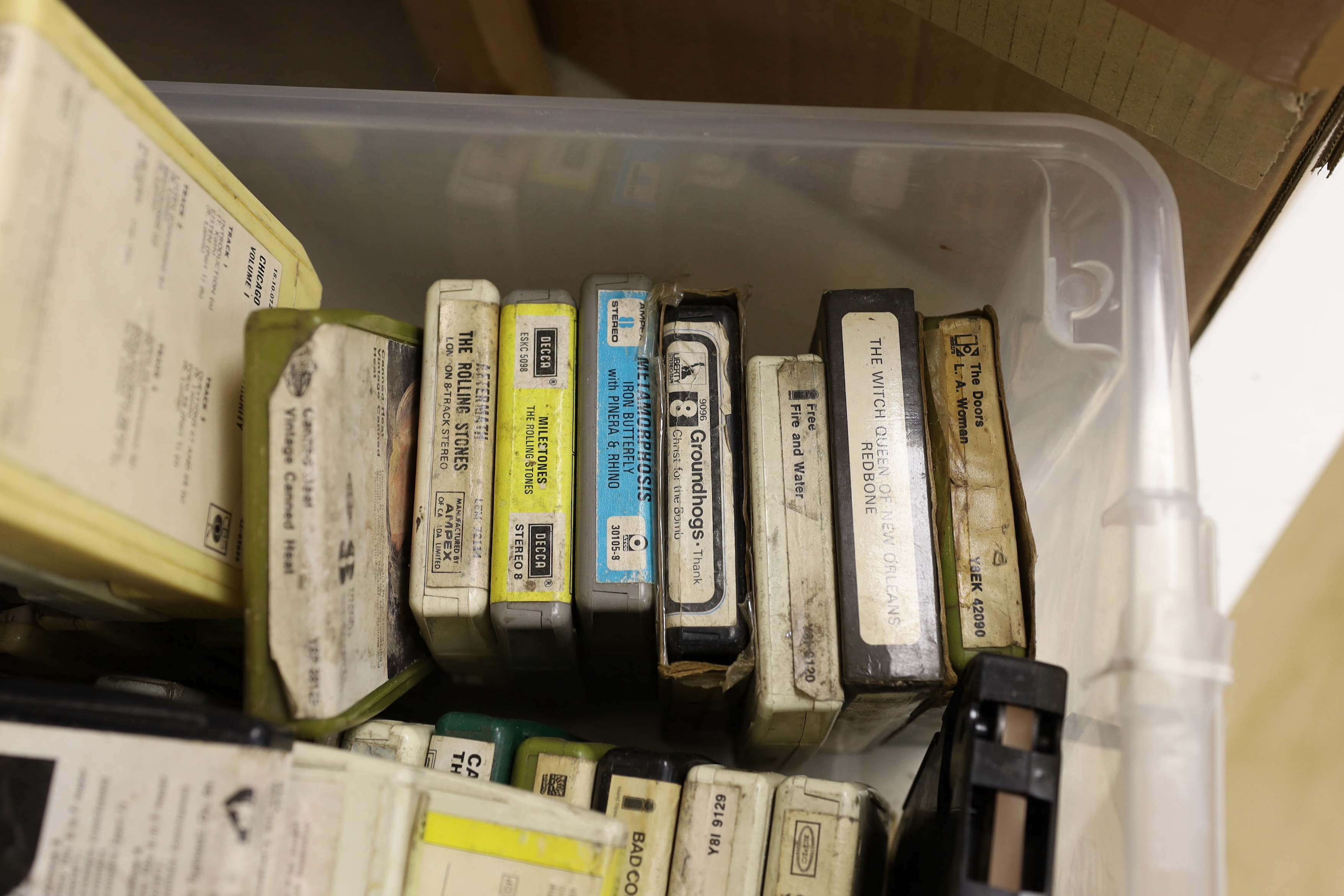 A collection of approximately fifty 8 track cassettes from the 1970's, including Fleetwood Mac, Santana, Jimi Hendrix, Chicago, The Beach Boys, Strawbs, Emerson, Lake & Palmer, Led Zeppelin, The Doors, etc.
